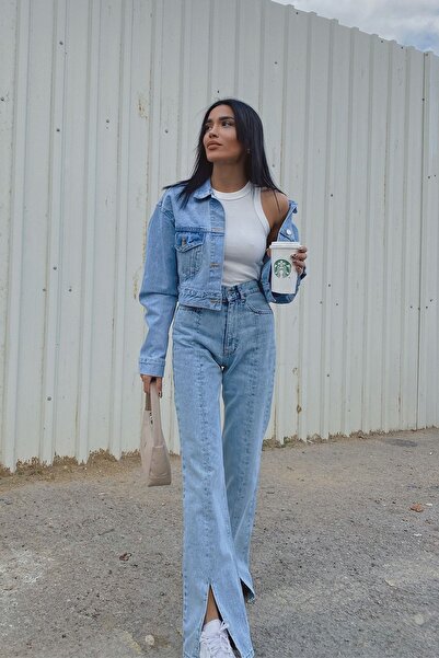 MAKRAS EXCLUSIVE A195763 Women's Slit Leg Tube Jeans Front High Waist Denim Pants