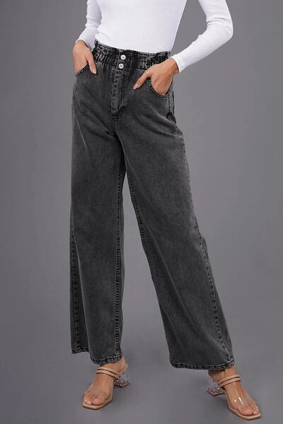 MAKRAS EXCLUSIVE A156003 Belted Gathered Lycra High Waist Loose Jeans Wide Leg Jeans Elastic Waist Boyfriend Jeans