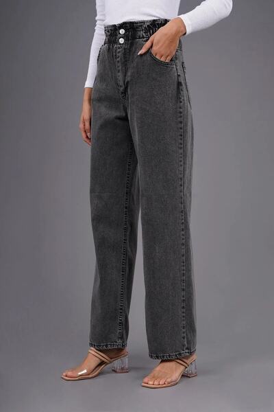 MAKRAS EXCLUSIVE A156003 Belted Gathered Lycra High Waist Loose Jeans Wide Leg Jeans Elastic Waist Boyfriend Jeans