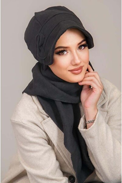 Aişe tesettür Antrasit Fiyonklu Atkılı Tesettür Şapka