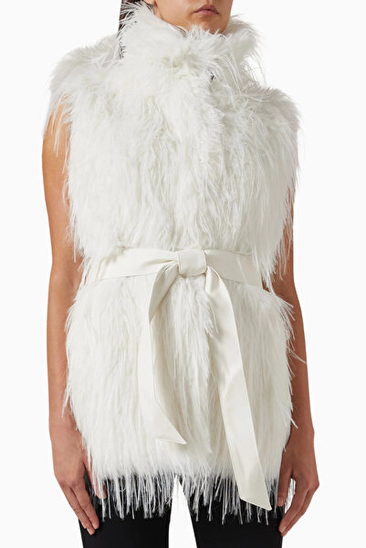 PİNKO Neva Faux Fur Vest, Lüks Beyaz Kürk Görünümlü Yelek, Kurdele Detaylı