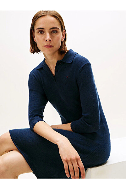 Tommy Hilfiger Yün Kaşmir Karışımlı Saç Örgülü Yarım Balıkçı Yaka Uzun Kollu Kadın Mavi Elbise WW0WW