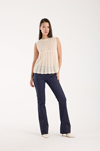 WOMENTİ Kadın Krem Ajurlu Örgü Crop Triko Bluz