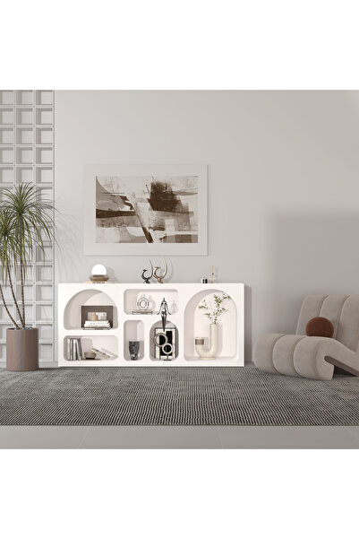 klubeconcept %100 MDF Beyaz Renk Modern Dekoratif Nişli Konsol 180x80 cm Geni...