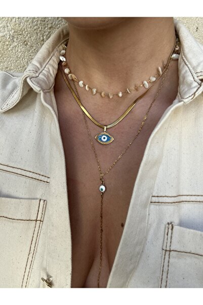 pop up store Evil Eye Beaded Triple Chain Steel Necklace Set