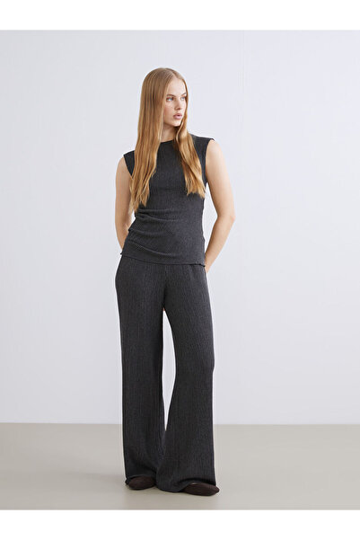 LC Waikiki Anthracite Elastic Waist Textured Wide Leg Women's Trousers