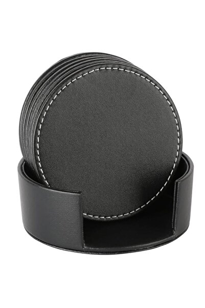Generic Set of 6 Leather Drink Coasters Round Cup Mat Pad with Holder for Tab...