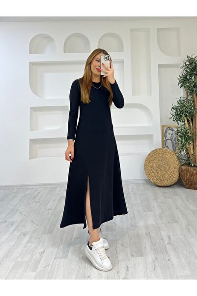 JANES Women's Long Sleeve Crew Neck Slit Detail Maxi Length Dress