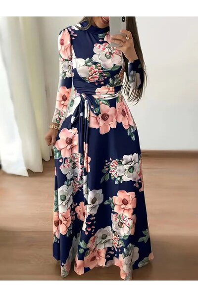 JANES Γυναικείο μακρυμάνικο φόρεμα με στρογγυλή λαιμόκοψη και μοτίβο με ζώνη στη μέση