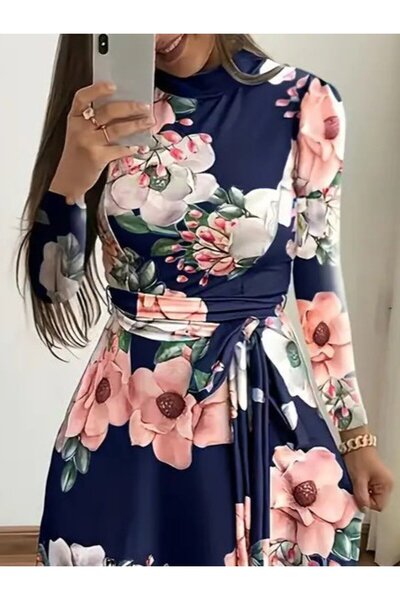 JANES Γυναικείο μακρυμάνικο φόρεμα με στρογγυλή λαιμόκοψη και μοτίβο με ζώνη στη μέση