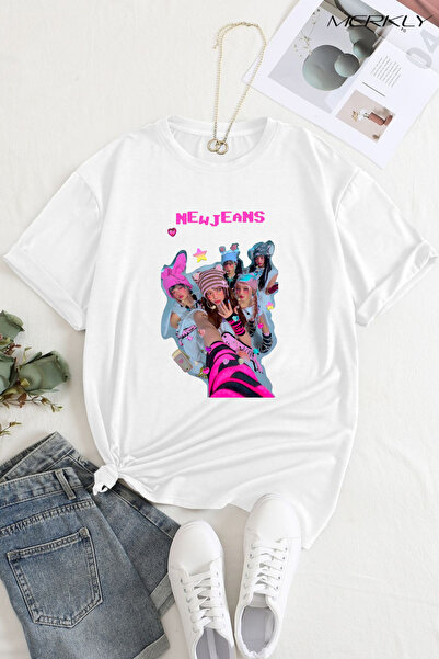 barsdepo Tricou New Jeans cu imprimeu , supradimensionat Tricou unisex alb-ne...