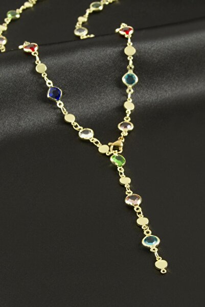 CT STONES قلادة على شكل حرف Y من الفولاذ بحجر الزركون المستدير