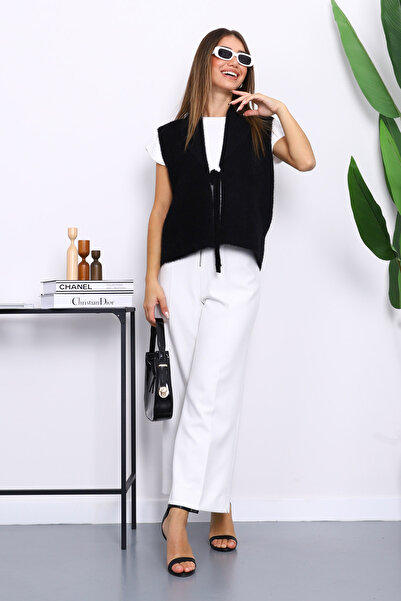 İmajButik Black Front Tie Short Angora Soft Vest