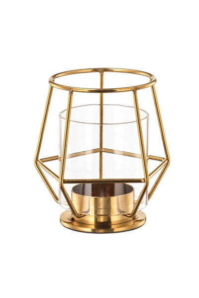 DavidaHome Suport lumanare pastila, din metal si sticla, 10 cm, auriu