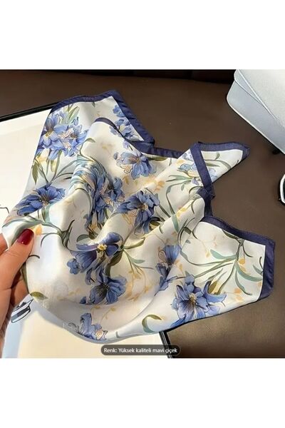 Dgt Luxury Mavi Çiçek Desenli,Güneşten Koruyan, Rüzgar Geçirmez, Çift Taraf Baskılı, Fular, Eşarp 70x70