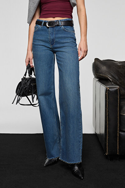 GRIMELANGE Fable Women's Straight Fit Seamless Hem Denim Dark Blue Jeans