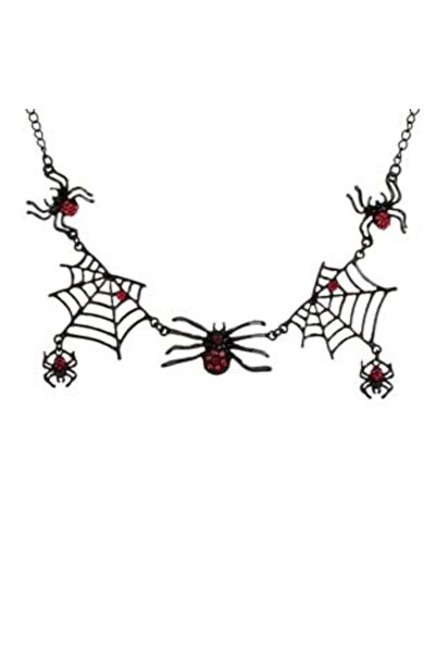Jumbo Halloween Accessory - Gothic Black Necklace with Metallic Spiders & Red Strass