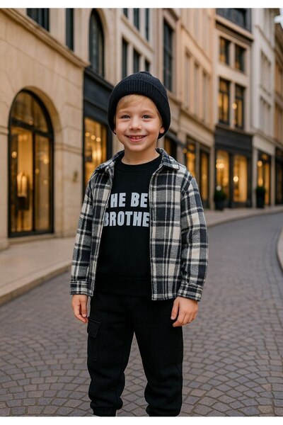 anonim Boy's Plaid Shirt and Beret Gift Set