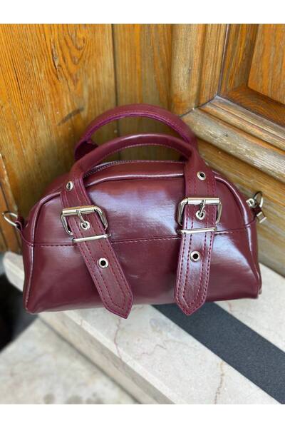 SHIKIRTI Küçük Boy Parlak Deri Çift Kemer Toka Detaylı Kadın El ve Omuz Çantası