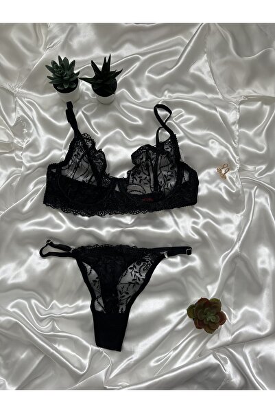 TOKYO LOVE Siyah Çiçek Desenli Bralet Sütyen& Tanga İç Çamaşırı Takımı Set'li