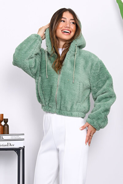 İmajButik Κοντό βελούδινο παλτό με κουκούλα μέντας