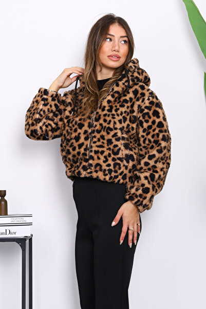 İmajButik Κοντό βελούδινο παλτό με σχέδιο λεοπάρ βιζόν