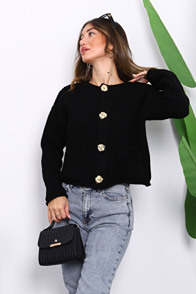 İmajButik Μαύρη Πλεκτή Κοντή Ζακέτα Σελανίκης