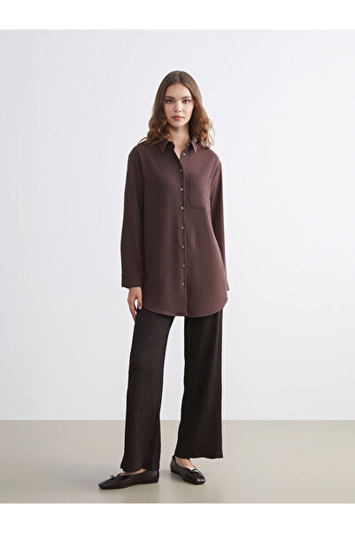 LC Waikiki Brown Elastic Waist Textured Wide Leg Women's Trousers