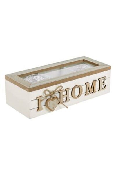 Jumbo Wooden Storage Box 'I Love Home' with 3 Compartments & Glass Window 24 x 10 x 7 cm