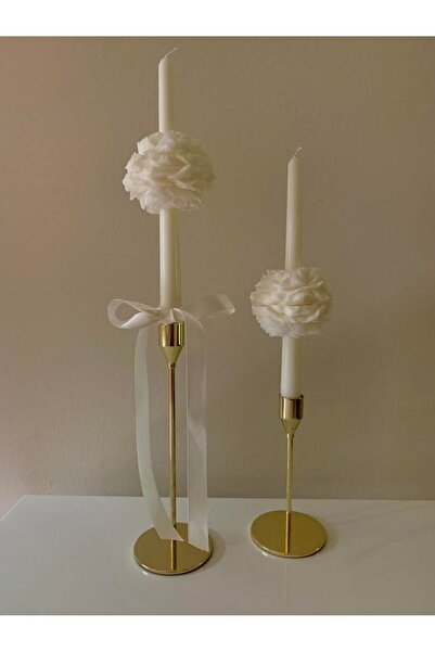 Loş Dükkan Beyaz Gül Motifli Şamdan Mum Takımı, 2'li set