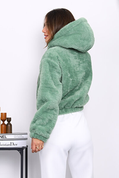 İmajButik Κοντό βελούδινο παλτό με κουκούλα μέντας