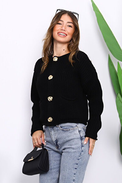 İmajButik Μαύρη Πλεκτή Κοντή Ζακέτα Σελανίκης