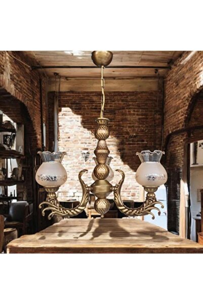 DEDE ÜZÜM KOL ÜÇ KOLLU ZAMAK METAL AVİZE ESKİTME KAPLAMALI MAT BAL RENGİ CAMLI