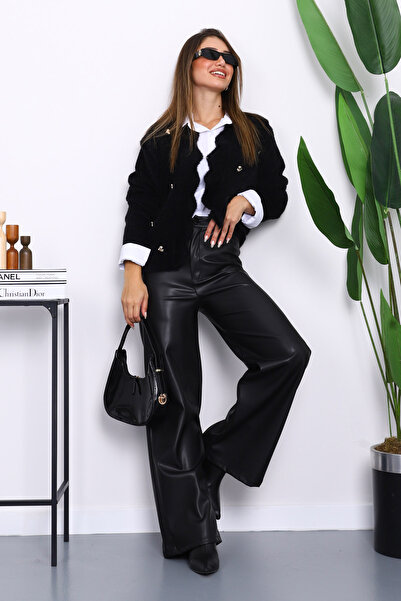 İmajButik Black Button Detailed Angora Soft Knit Cardigan