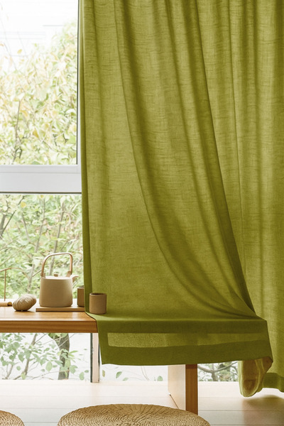 Ran Perde İnce Keten Tül Fon Perde – Koyu Hardal - Pileli Dikim -İnce Dokulu - 1 Adet