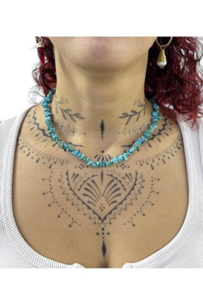 Smyrna Turkuaz, Doğal Kırık Taş Kolye, Mavi Firuze Taşı, Ayarlanabilir El Emeği İri Taşlı Kolye, Uniseks