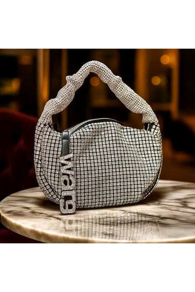 Luxiva Luxury Silver Crystal Stone Chain Detailed Women's Shoulder Bag