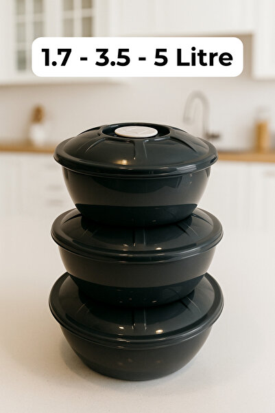 Plastora 3 Boy Kapaklı Gri Hamur Leğeni Badya Un Kutusu Kabı