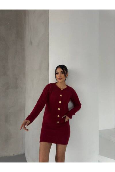 Julidress Heart Button Cardigan and Elastic Waist Mini Skirt Bottom Top Beard Knitwear Set