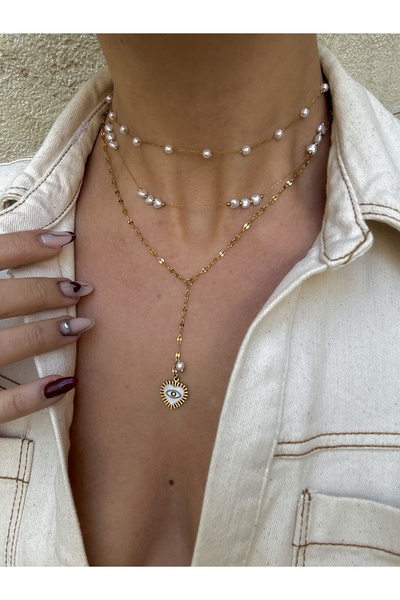 pop up store Pearl and Eye Detail Triple Chain Steel Necklace Set