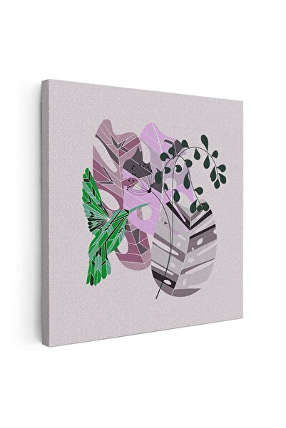 Tablou Canvas Boho pasare si frunze Monstera, roz, verde, cod 1260