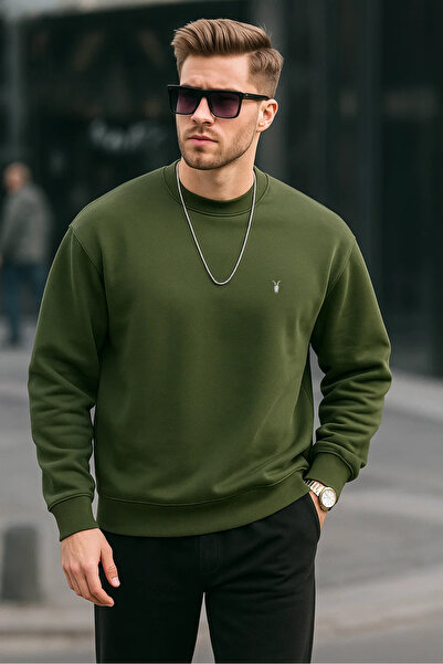 MAXIMILLIAN Κανονικό ανδρικό φούτερ με χρώμα Khaki Basic Crew Neck Relaxed