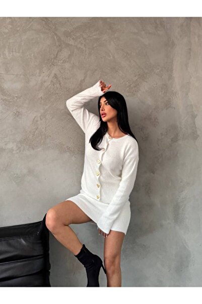 Julidress Heart Button Cardigan and Elastic Waist Mini Skirt Bottom Top Beard Knitwear Set