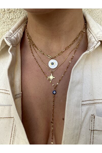 pop up store Evil Eye Beaded Elephant Detail Triple Steel Necklace Set