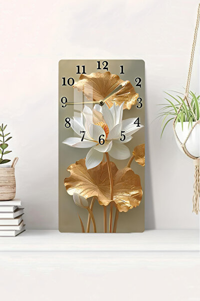 kutuTR Temperli Cam Tablo Saat – Altın Detaylı Lotus Çiçeği Tasarımı (30×60 c...