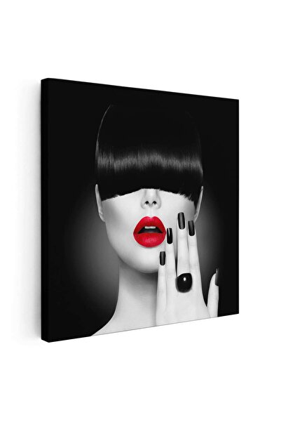 Tablou Canvas Tablou portret femeie cu buze rosii, unghii negre, alb, negru, ...