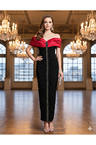 Robes Kadın Fuşya Abiye Davet Şıklığı Taş İşlemeli Elbise-7000