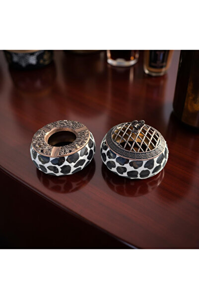 İlbay Çini Takı Siyah Dalmaçyalı Desenli Metal Kapaklı Seremik Küllük Şekerli...