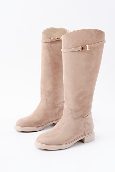 SEEM Cizme de călărie Isabella din piele intoarsa bej fara fermoar