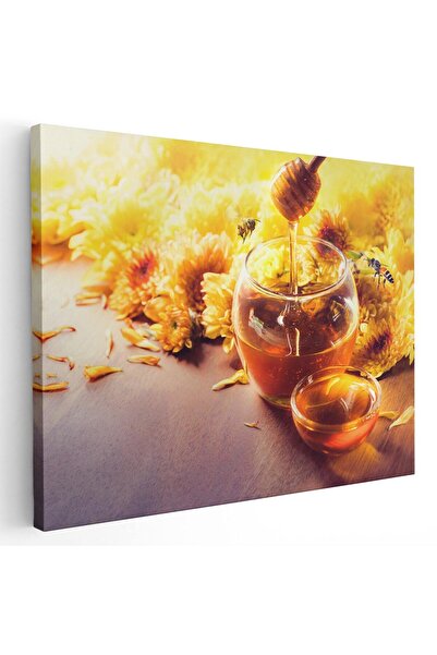 Tablou Canvas Tablou pahar cu miere albine flori galbene, cod 1587